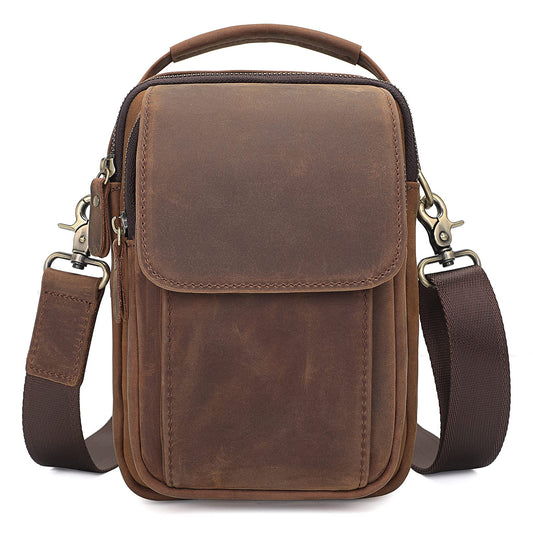 Augus Leather Small Messenger Bag For Men Crossbody Handbag Shoulder Sling Travel Bags for Men Purse Daypack Magnetic Buckle (Brown)
