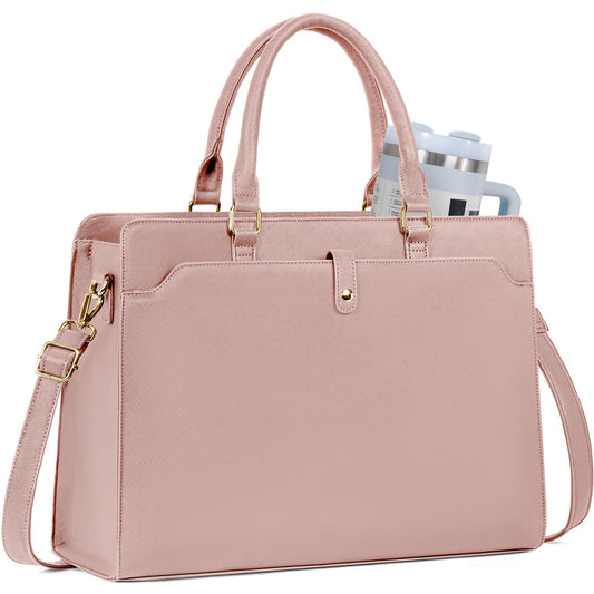 GMAK Laptop Tote Bag for Women, 15.6 Inch Leather Computer Bags Lightweight Business Office Work Briefcase Large Capacity Waterproof Handbag for Daily Commute Travel Work, Pink