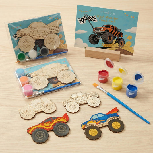 WORGO 24 PCS Monster Truck Party Favors, DIY Painting Kits with 6 Unique Wooden Trucks, Crafts for Kids Ages 4-8 Birthday Party Interactive Game and Goodie Bag Fillers
