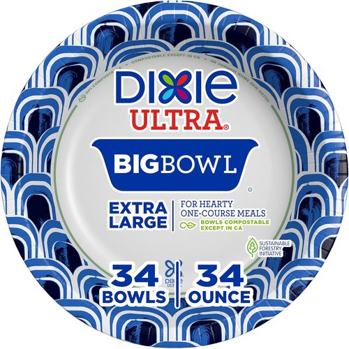 Dixie Ultra Extra Large Paper Bowls - 34 oz, Compostable & Microwave Safe | Perfect for Heavy Meals & Soups