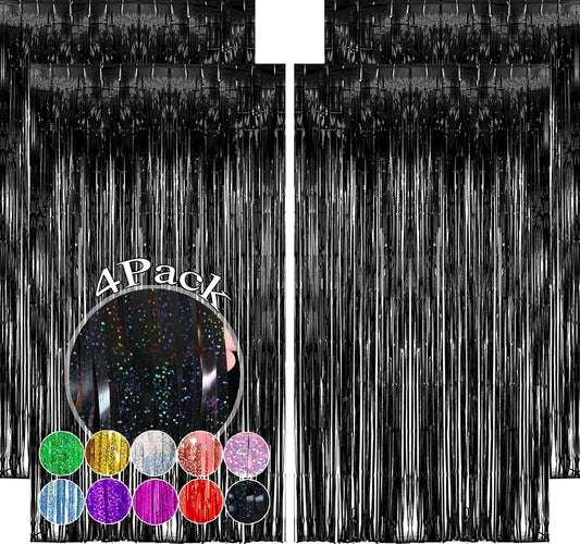 Slmeno Black Foil Fringe Curtains - 4 Pack Metallic Tinsel Backdrop | 3.3x8.2ft Party Decorations for Events