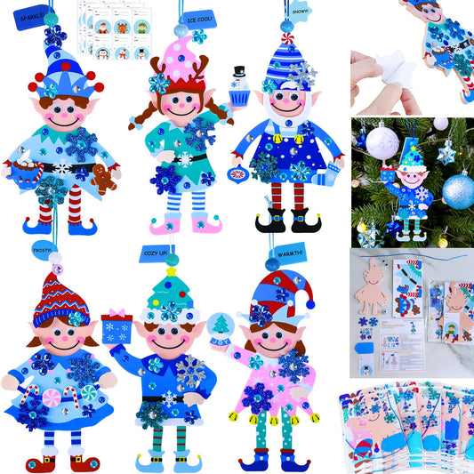 Winlyn 24 Sets Winter Decorations DIY Elf Ornaments Christmas Craft Kits Foam Elf with Snowflake Festive Foam Stickers for Kids Holiday Seasonal Gift Home Classroom Activities Party Favors