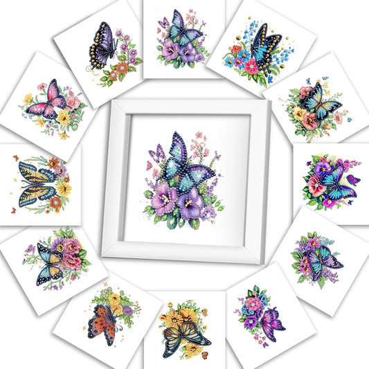 DOZEEZOP 12-Pack Interchangeable Diamond Art Kits for Adults Beginners Teens with Frame, Butterfly & Floral 5D Diamond Paintings with Round Partial Drill, Home Decor DIY Craft Gift (7x7 Inch)