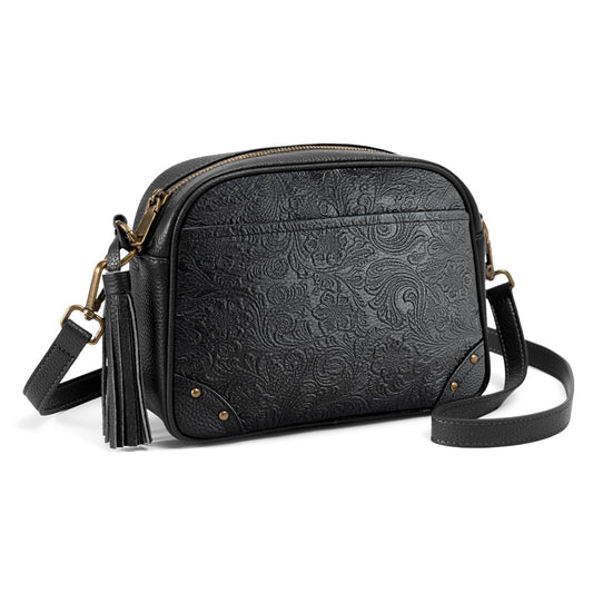 befen Black Crossbody Purses for Women Embossed Genuine Leather Small Handbag with RFID Blocking Anti-Theft Cross Body Bags for Daily Travel