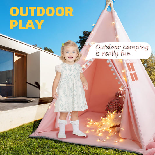 RONGFA Teepee Tent for Kids with Mat, Star Lights, Carry Case, Cotton Canvas Playhouse, Foldable Tents, Portable Children Play Tent Indoor Outdoor (Pink)