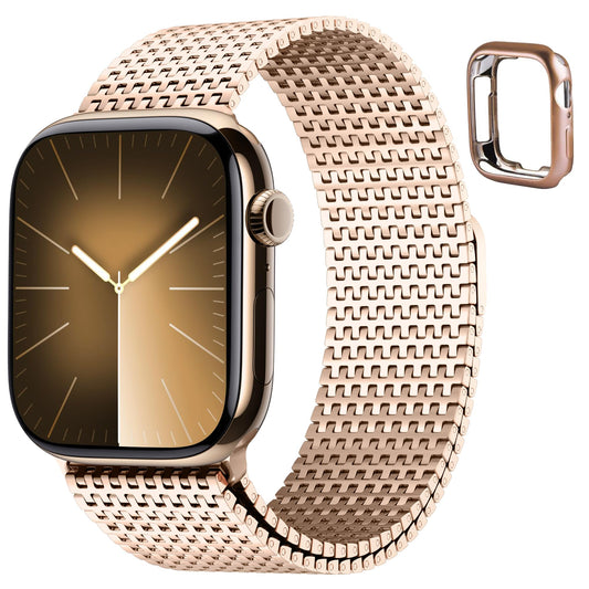 Fullmosa Compatible with Apple Watch Bands 46mm Series 11 10 for Men Women, Stainless Steel Mesh Loop Magnetic Clasp iWatch Band with TPU Case for Apple Watch, Rose Gold
