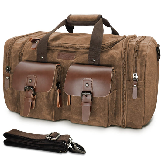Wildroad Waxed Canvas Genuine Leather 50L Waterproof Duffle Bag - Vintage Travel Weekender Overnight Carry On