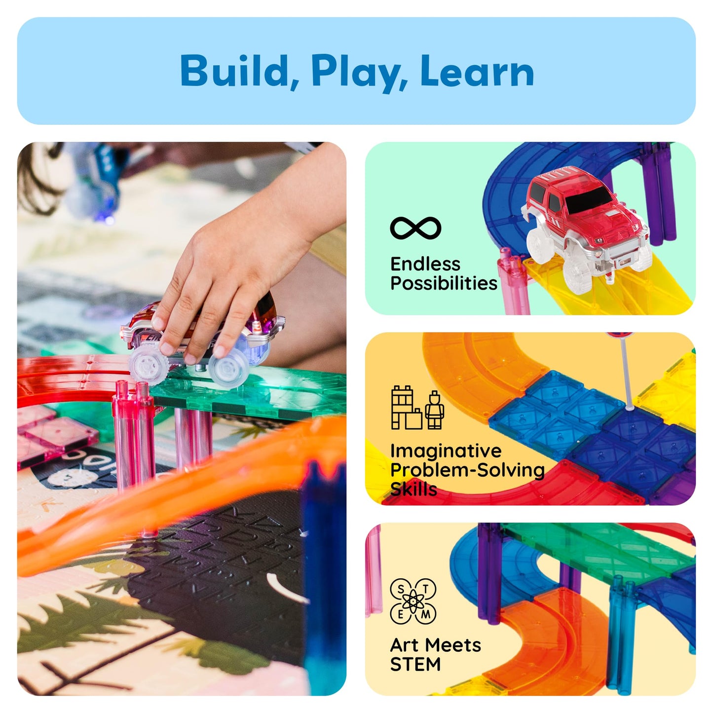 PicassoTiles Magnetic Tiles Race Track Car Thrilling Toy Playset Includes 2 Racing Trucks STEM Educational Magnet Tile Building Block Construction Set for Toddlers Boys Girls Ages 3 and Older PTR30