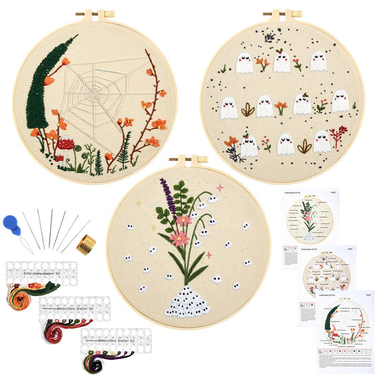 Crafmanoe Cute Ghost Embroidery Kit for Beginners Adults, Halloween Embroidery Starter Kits, Funny Counted Cross Stitch Kits for Beginner Adult Hobbies for Women, 3 Set Embroidery Hoop, Fabric, Thread