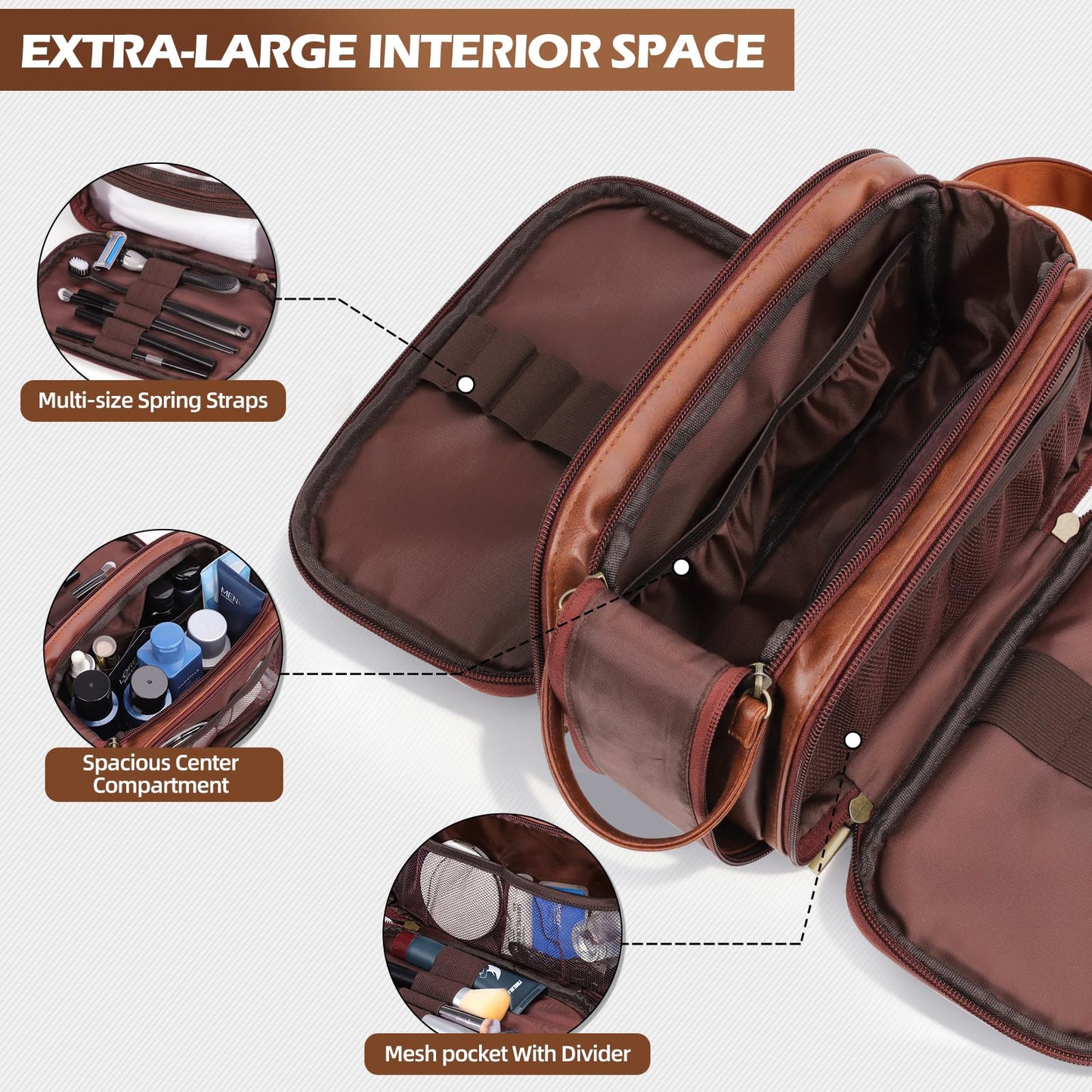 Ecttunafe Engraved Father Day Gifts Toiletry Bag for Men Dad Husband, Custom Initial PU Leather Waterproof Toiletry Organizer Dop Kit Shaving Bag Travel Essentials, Large, Durable, Brown,V