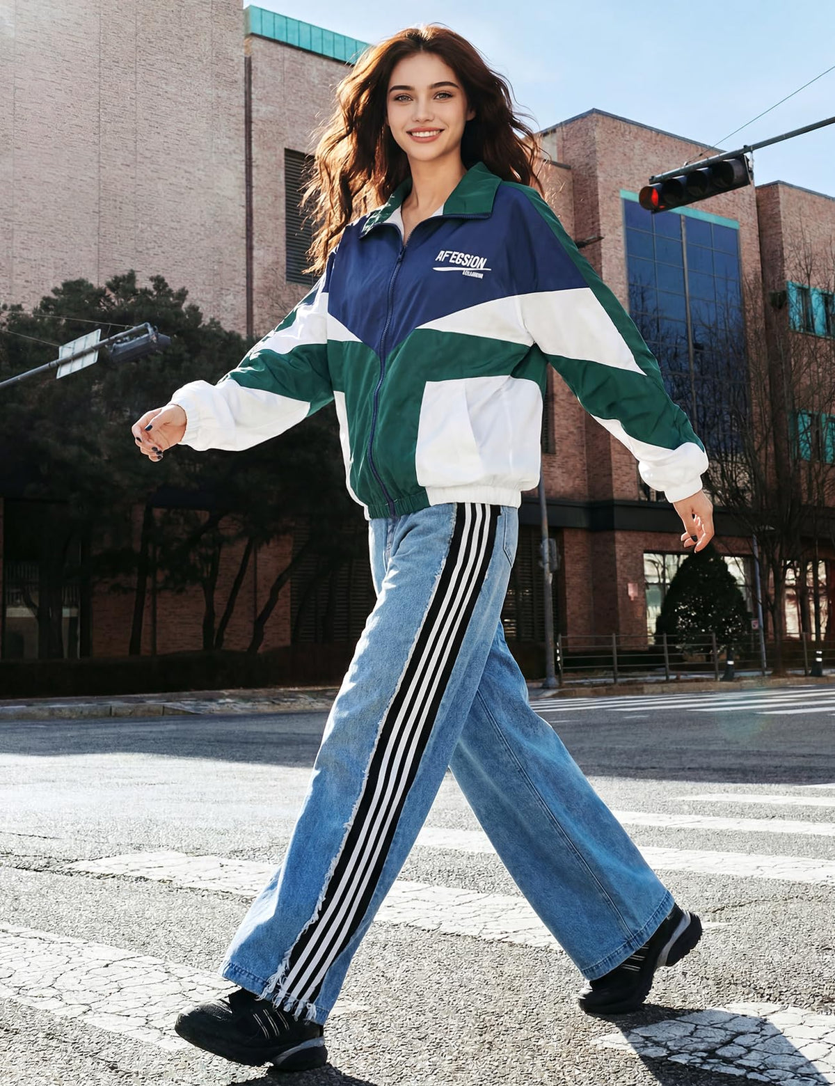 Wyeysyt Women Windbreaker Jacket Y2k Varsity Oversized Jacket(Green-L)