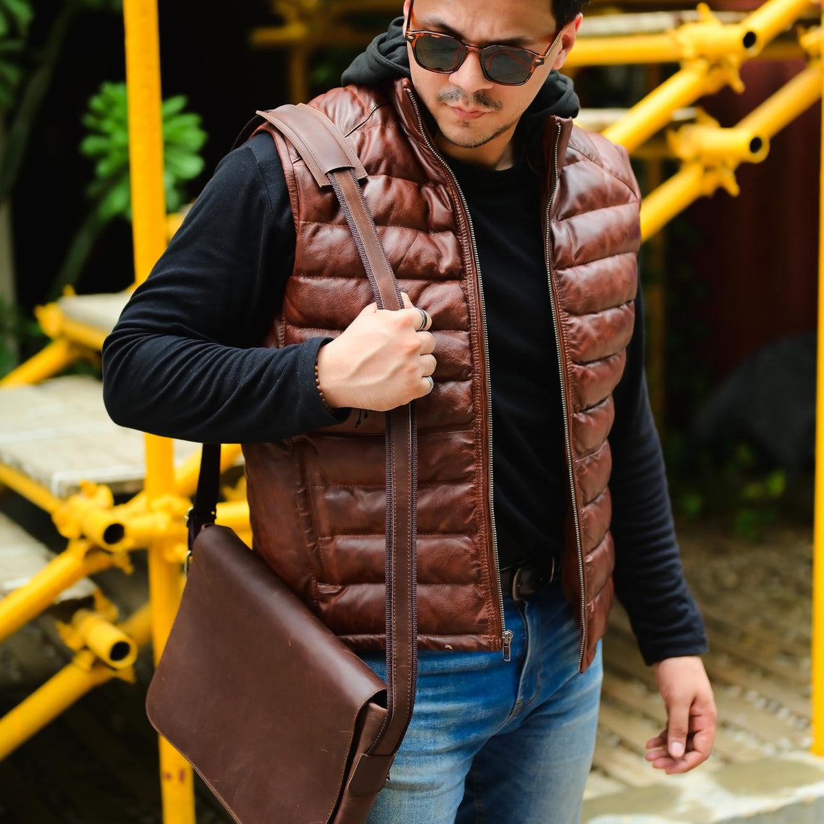 Jild Lambskin Leather Puffer Vest with Removable Hood - Stand Collar Casual Style Sleeveless Leather Jacket Men (Puffer-Tan-XXL)