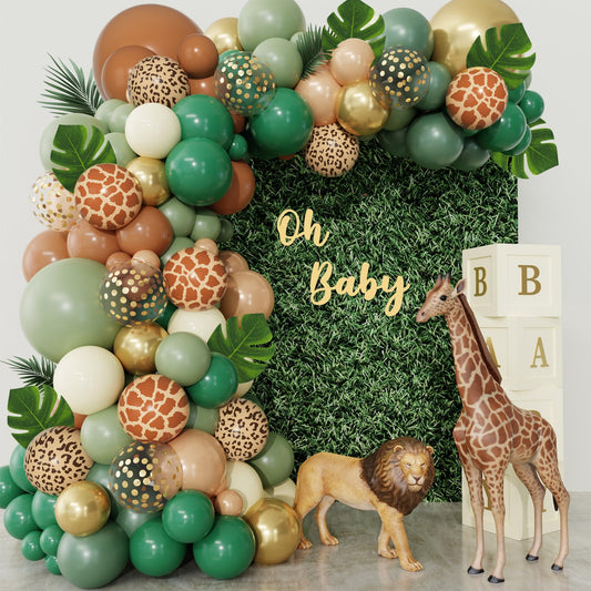 170Pcs Jungle Safari Balloons Arch Garland Kit, Sage Green Brown Animal Print Balloons Palm Leaves Wild One Safari Baby Shower Decorations for Boys Tropical Woodland Birthday Party Supplies