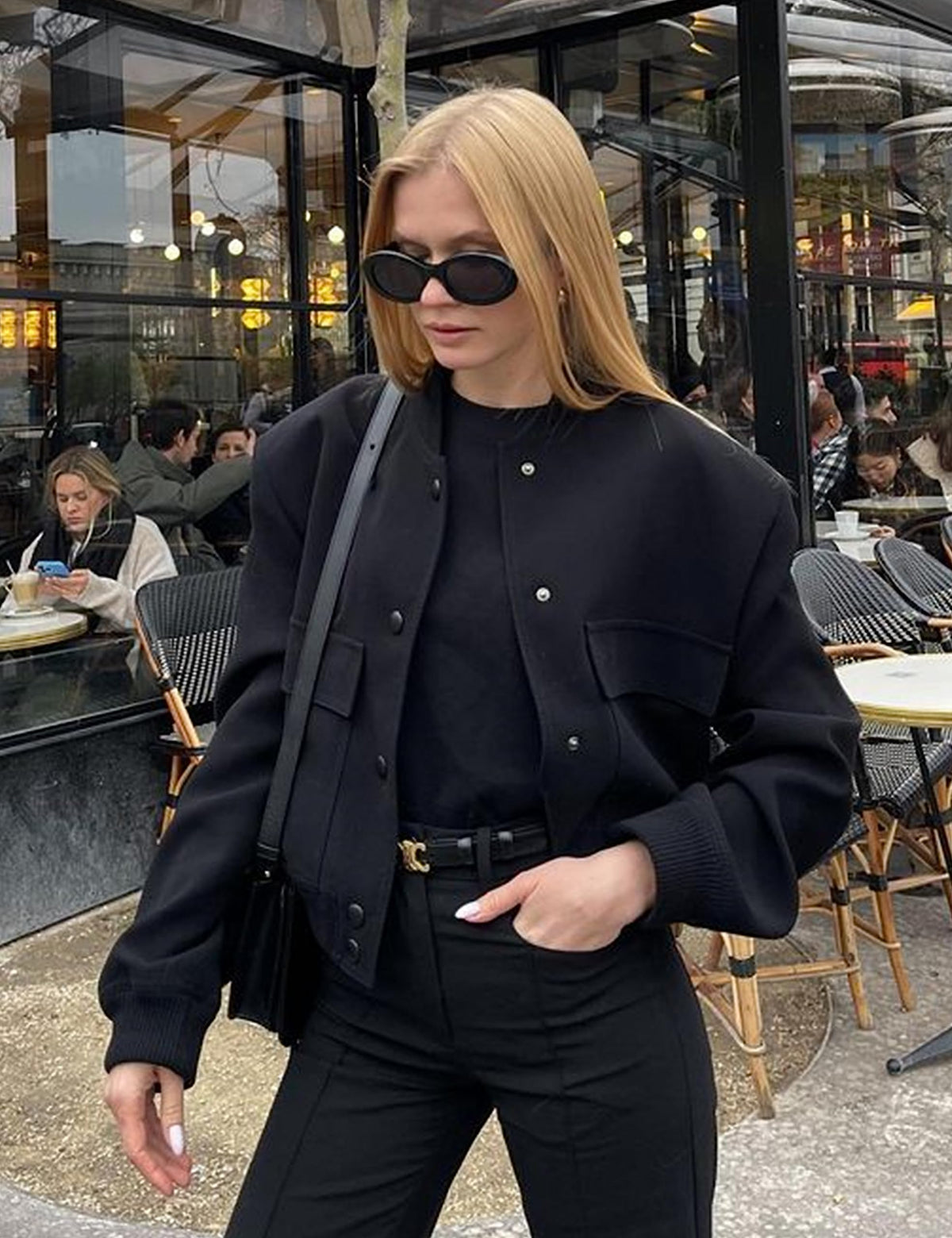 Megfie Womens Cropped Bomber Jacket Button Down Varsity Jackets Shackets With Pockets (0394-Black-XL)
