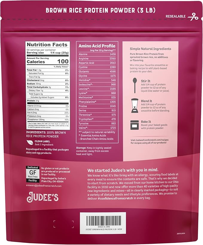Judee's Brown Rice Protein Powder, (80% Protein) 3 lb - Non-GMO & Sprouted - Keto-Friendly, Dairy, Gluten & Soy-Free Plant-Based Protein