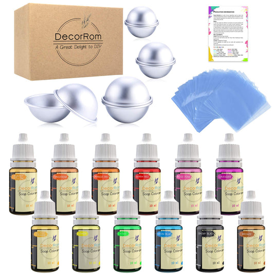 Bath Bomb Mold Set with Soap Colorant,Shrink Wrap Bags - Food Grade Skin Safe Soap Dye for DIY Bath Bomb Making Supplies Kit - Liquid Bath Bomb Dye for Soap Coloring - with Instructions