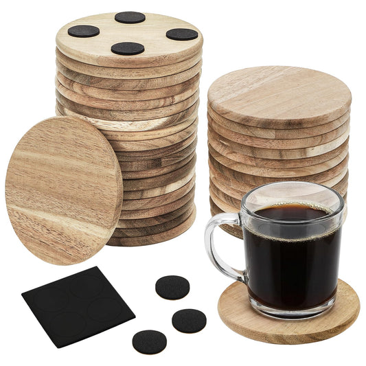 ZEAYEA 36 Pack Acacia Wood Coasters, 3.7 Inch Round Unfinished Wood Cup Coasters for Drink with Non-Slip Dots, Blank Wooden Slices for Crafts, Painting, Writing, Staining, Engraving, Home Decoration