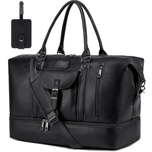 weiatas Faux Leather Travel Duffel Bag for Women Men, Large Weekender Overnight Bag with Shoes Compartment, Waterproof Carry On Bag Travel Tote Bag Gym Bag with Luggage Strap (Black)