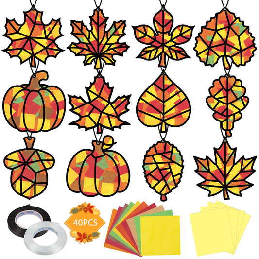 Renbuzhu 40PCS Fall Crafts Bulk: Leaves Pumpkins Paper Suncatchers DIY Kit for Autumn Thanksgiving Activities Decorations, Window Stained Glass Effect Art Supplies(Black Frame)