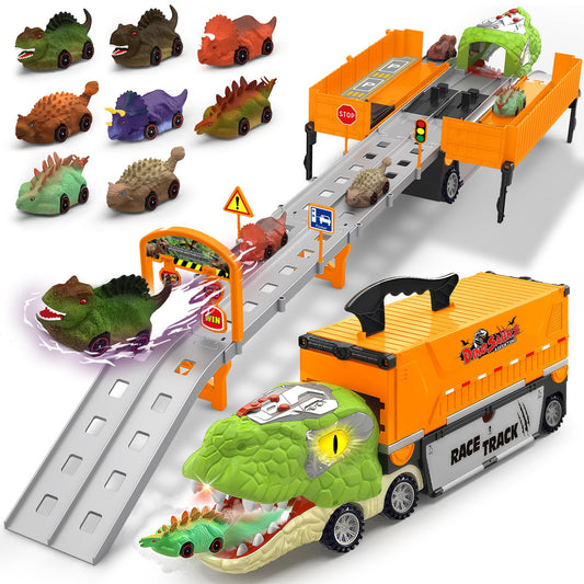Dinosaur Carrier Truck Race Track Toys for Kids 3-5, Large Toy Cars Track Set with 8 Small Dinosaur Cars, T-Rex Transport Carrier, Christmas Birthday Gifts for 3 4 5 6 7 Year Old Toddler Boys Girls