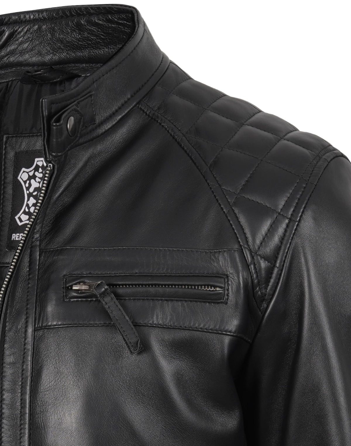 fjackets Real Lambskin Leather Biker Jacket — Quilted Cafe Racer Zip Up Moto Jacket Men Tall | [1118795] Johnson Black, XL