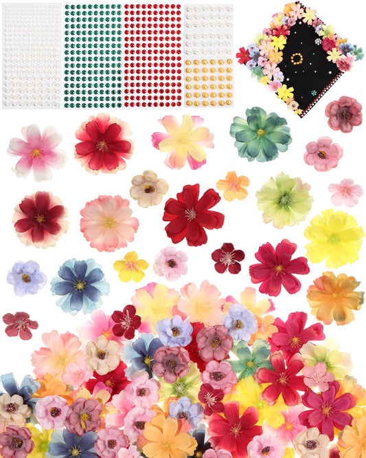 Giegxin DIY Graduation Cap Decorations Kit - 160 Mini Faux Flower Heads & 6 Pearl Rhinestone Stickers, Artificial Fabric Flowers for DIY Grad Hat Topper, Wedding Garland & Crafts(Bright Color)