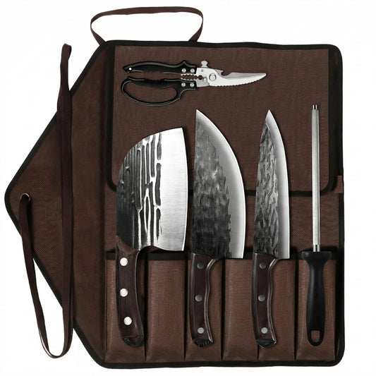 KOFERY Hand Forged Butcher Knife Set with Full Tang Damascus Steel for Pit Master BBQ, Smoking Meat and Meat Carving, Including Roll Bag, Shears and Sharpener for Outdoor Camping Gifts for Men