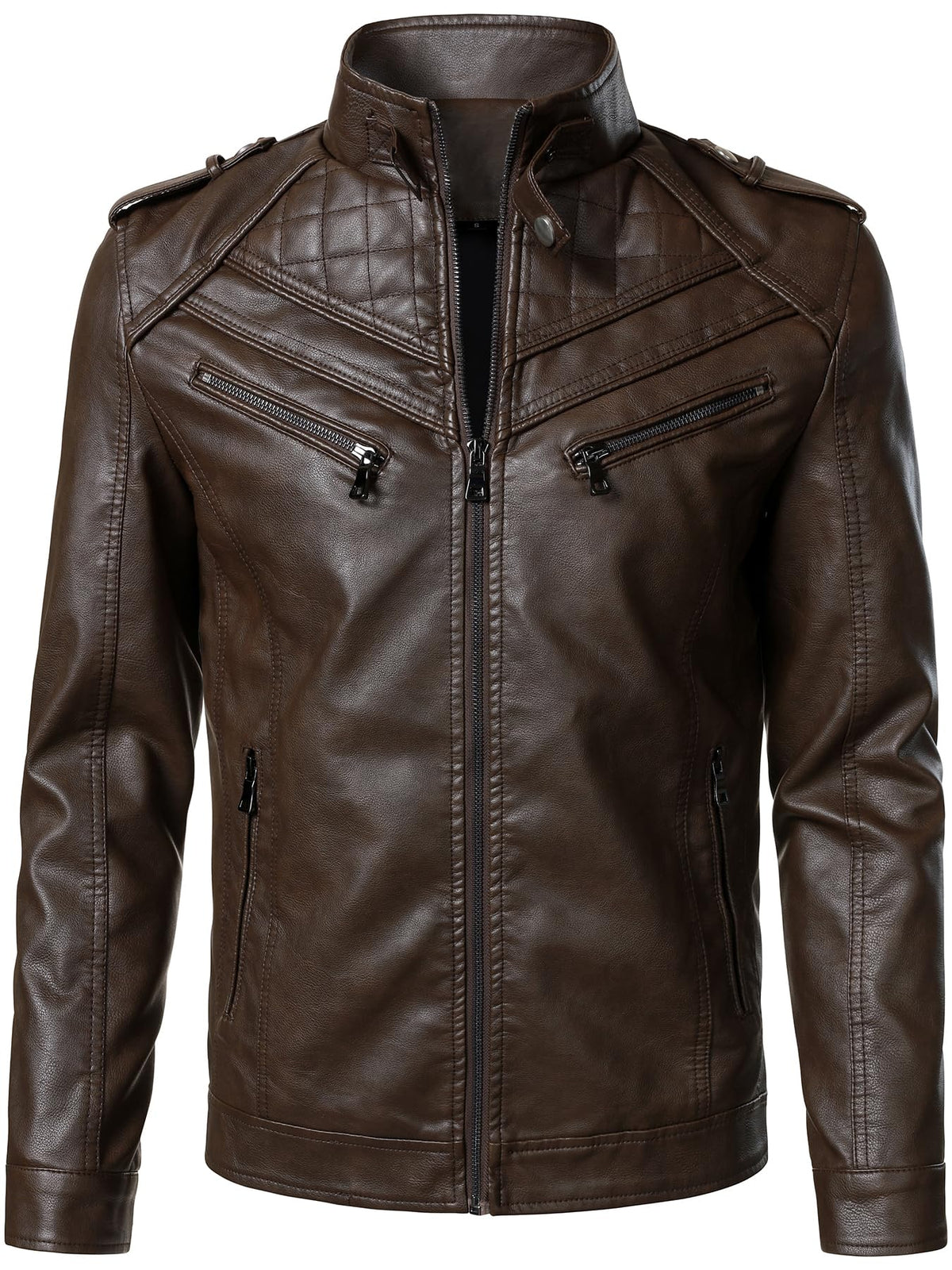 HOOD CREW Men’s Faux Leather Jackets Vintage Biker Motorcycle Jacket for Men Coffee L