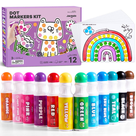 Jar Melo Washable Dot Markers for Toddlers, 12 Colors Dot Paints with 120 Printed PDF & 20 Activity Papers, Non-Toxic Bingo Markers for Kids Arts and Crafts Gifts