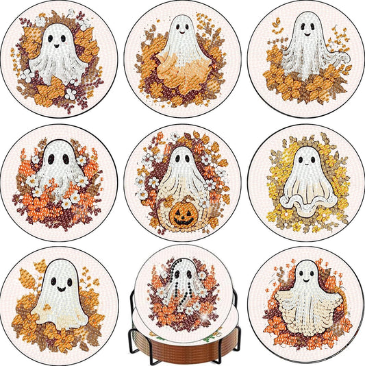 OFDNE Halloween Diamond Paintings Kits with Holder,9Pcs DIY Cute Ghost with Floral Coaster Diamond Art Kits,Fall Full Coasters Diamond Painting Kits for Adults Beginners Art Craft Supplies