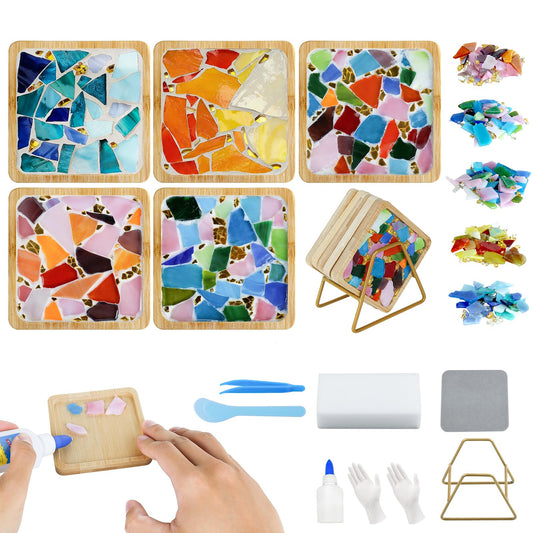 Karidge 5 Sets DIY Mosaic Kit, Mosaic Tiles for Crafts, Mixed Color Stained Glass with Wooden Coaster for Adults Women, Complete Mosaic Coaster Kit for Handmade Holiday Home Decoration Gifts
