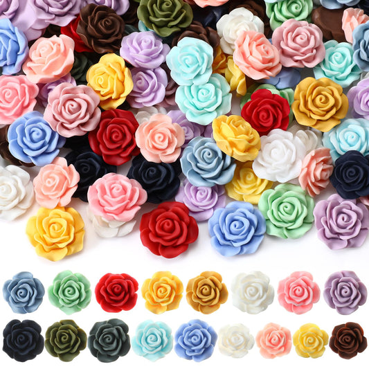 Giegxin 200pcs Flatback Resin Rose Flower Charms Flower Beads Cabochons 17mm 20mm Undrilled Random Mixed Colors Charms Floral Decor for DIY Craft Phone Case Scrapbooking Necklace Hair Clip Decor