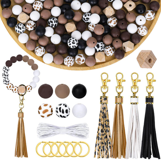 JarThenaAMCS 100Pcs Cow Print Silicone Beads Assorted Brown Black White Round Spacer Beads Keychain Making Kit with Elastic Rope Wood Key Rings and Tassels for DIY Crafts Jewelry Bracelet Pen