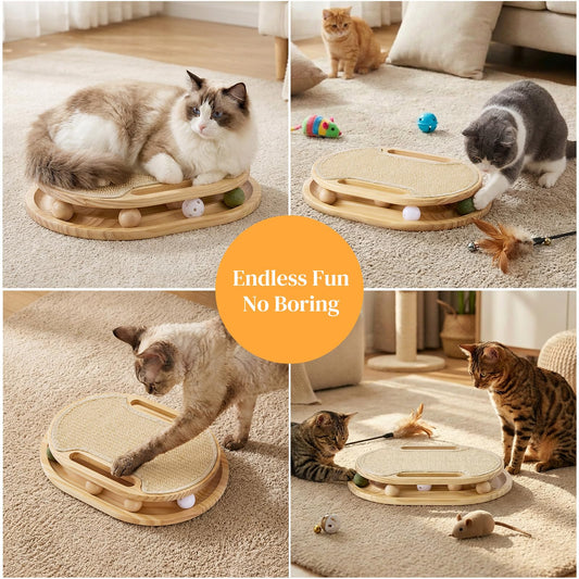 ZOMISIA Cat Scratcher with Ball Track Toy, Sisal Scratch Pad for Indoor Adult Cats, Wooden Interactive Cat Puzzle Toys for Kitten Mental Stimulation Self Play Home Enrichment