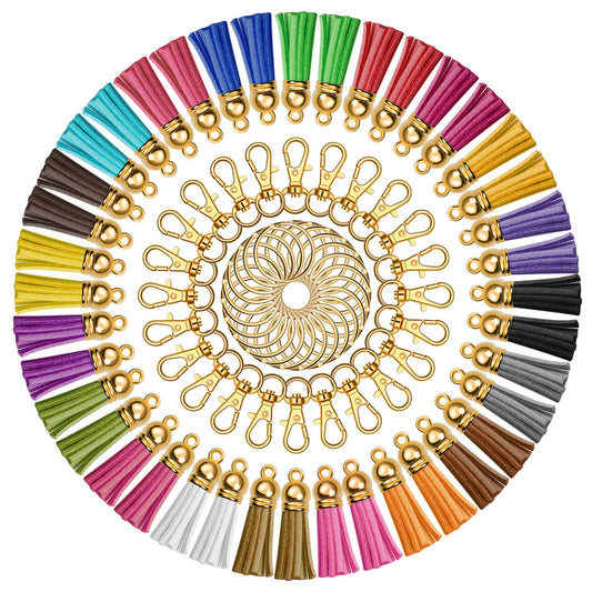 Anezus 100Pcs Craft Tassel Set - 50 Tassels, 25 Lobster Clasp Keychains, 25 Rings for Acrylic Keychains, Gold