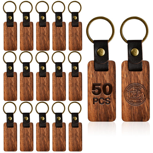 Aemygo 50 Pcs Leather Wood Keychain Blank, Wooden Keychain Blanks with Leather Strap, Unfinished Wooden Keychains bulk for DIY Craft, Laser Engraving