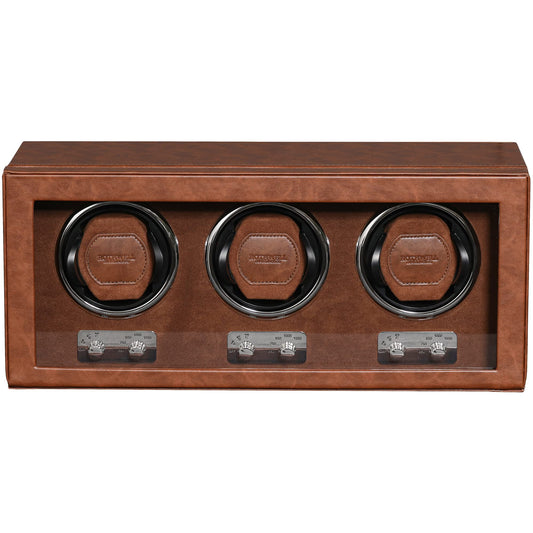 ROTHWELL Triple Watch Winder for Automatic Watches with Quiet Motor with Multiple Speeds and Rotation Settings (Tan/Brown)