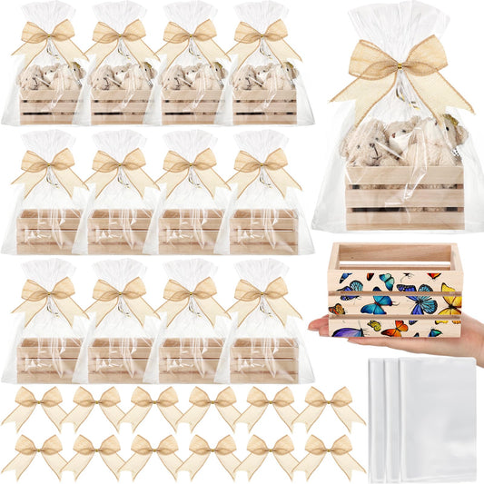 GlikCeil 12 Pcs Baskets for Gifts Empty Kit Small Crates Unfinished Wooden Storage Box 12 Bows 12 Clear Treat Bags for Craft Gift Baskets Wedding Anniversaries Birthday Home Decor(Wood Color)