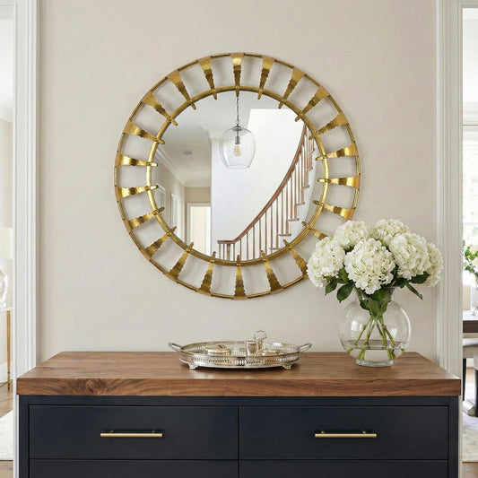 MIRAVORY Round Gold Mirror - Vintage Wall Mounted Mirror: 32"x32" Large Matt Gold Antique Wall Decor - Clean Modern Ornate for Entryway/Fireplace/Bathroom/Hallway