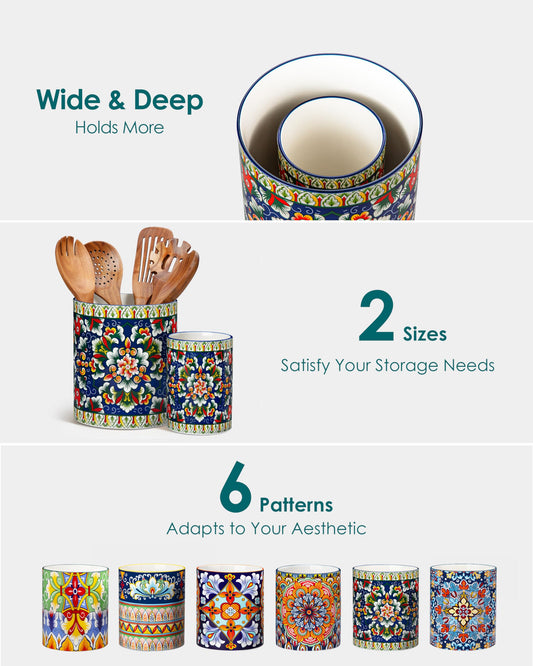 vancasso SIMI Utensil Holder, 7.3"+5.5" Porcelain Kitchen Utensil Holder for Countertop, Bohemian Kitchen Utensil Organizer for Spatulas, Spoons, Decorative Counter Utensil Crock, Verdant Jewel