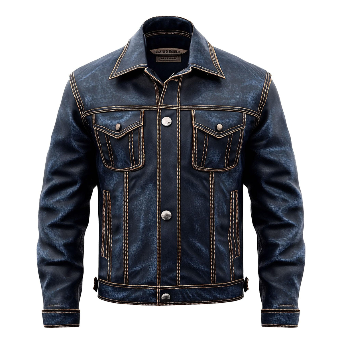 Sumairah Mens Blue Trucker Denim Style Jacket Multi Pocket Genuine Leather Jackets(Navy Blue Genuine Leather, Large)