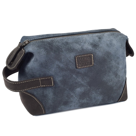 LEATHER VILLAGE Genuine Leather Dopp Kit for Men & Women with Waterproof Lining – Distressed Travel Toiletry Bag, Shaving & Bathroom Essentials Organizer - Distressed Blue