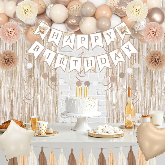 Birthday Decorations for Women, Beige Cream Neutral White Sand Confetti Balloons Boho Happy Birthday Banner Fringe Curtains Hanging Swirls Circle Dots Tassels Pompoms Women Girls Party Supplies