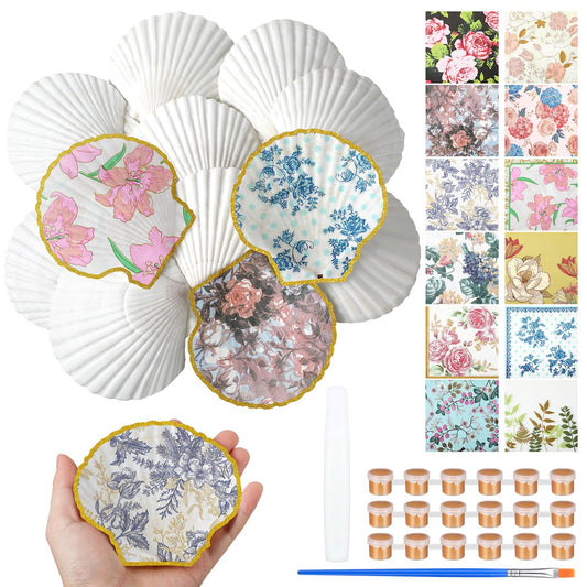 Halloscume 12 Set Scallop Shells for Crafts 4''-5'' White Natural Large Shells with 24 Pcs Decoupage Paper Napkin Acrylic Paint Strips and Brushes DIY Crafts Seashells Ornaments (Colorful Flowers)