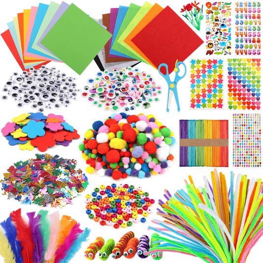 DOITEM Pipe Cleaners Craft Supplies, 1500+Pcs Arts and Crafts Supplies Including Pipe Cleaner Wiggle Googly Eyes Pom Poms Feathers Sticks Sequins Foam Flowers Papers Felt Stickers