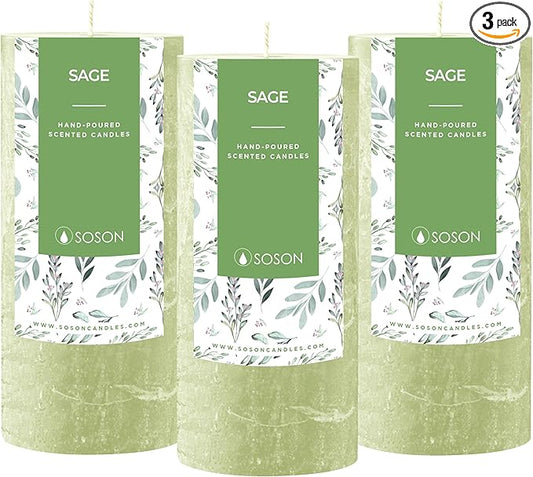 Simply Soson 3x6 inch Green Sage Rustic Pillar Scented Candle - 3 Pack - for Home Decor, Aromatherapy, Weddings, Restaurants, Spa, Church