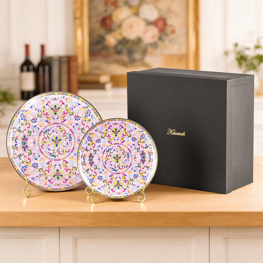 KAMMAK Decorative Plates Set for Display, Pink Ceramic Plate Decor with Stand, Handmade Vintage Porcelain Ornament for Table, Living Room, Kitchen, Office, Perfect Chinese Style Dish Gift (8in+10in)
