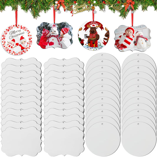 Jenaai 48 Pcs Sublimation Ornament Blanks Double Sided MDF Sublimation Christmas Ornaments Blanks Bulk for Christmas Tree Decor DIY Crafts with Red Ribbon, DIY Handmade Crafts Ornaments(3.15 Inch)