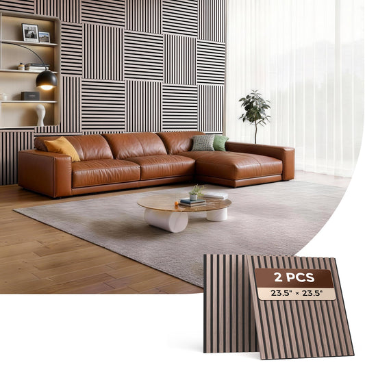 HIGRELIFE Wood Slat Acoustic Wall Panels, 3D Wall Panels with High Density Core for Echo Reduction, Easy DIY, for Living Room, Bedroom, Studio and More,Safe for Kids (Walnut,23.5"x23.5"-2PCS)