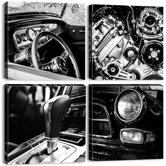 Black and White Car Wall Art Car Posters for Mens Bedroom Office Decor Vintage Vehicle Canvas Prints for Boys Room Wall Decor Retro Classic Cars Engines Painting Artwork Home Decoration 12x12" 4Pcs